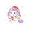 Greeting card with little unicorn dressed in a Santa hat.