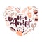 Greeting card love with Bon Appetit lettering vector text for food blog kitchen in the shape of a heart. Cute quote