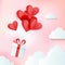 Greeting card of love and Valentine`s day with bunch of heart baloons with gift in clouds. Paper cut style. Vector cozy