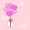 Greeting card of love and Valentine`s day with bunch of heart baloons with gift in clouds. Vector