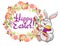 Greeting card with lovely easter bunny and spring flower frame