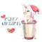 Greeting card mery christmas with rabbit and a pink cup of coffee. watercolor. In the cap of Santa. Isolated