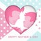 Greeting card for mother`s day with cut out paper heart with mother and her baby stylized pink silhouettes on dotted background