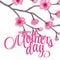 Greeting card on Mother\'s Day. Sakura flowers. Happy Mothers day background. Lettering