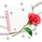 Greeting card with a notebook, a red rose and a scattering of pearls, the card can be used on the 8th of March or Valentine`s day