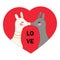 Greeting card with a picture of a white llama and a gray llama with a red heart, birthday, day of all lovers, love,