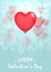 Greeting card for recognition on Valentine`s Day. Red inflatable balls in the form of a heart take off on a blue background and cl
