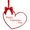 Greeting card with red bow and ribbon and dangling heart on a wh