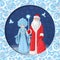 Greeting card with Russian Father Frost also known as `Ded Moroz` and his granddaughter `Sneguroschka`. Vector cartoon