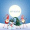 Greeting card - Scandinavian gnomes and snowman celebrate New year in front of magical moon -blue snowy background