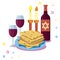 Greeting card Shabbat shalom. Candles, cups and matzo. Jewish Holiday.