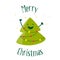 Greeting card with a smiling cartoon christmas tree and garland with lights. Flat design. Vector