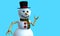 Greeting card of Smiling snow man with black hat and red and green scarf with buttons on the chest modeled in 3d