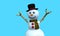 Greeting card of Smiling snow man with black hat and red and green scarf with buttons on the chest modeled in 3d