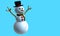 Greeting card of Smiling snow man with black hat and red and green scarf with buttons on the chest modeled in 3d