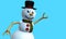 Greeting card of Smiling snow man with black hat and red and green scarf with buttons on the chest modeled in 3d