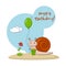 Greeting card with a snail, a balloon, a gift, a flower and clouds. Happy birthday card.