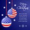 Greeting card or square banner with US flag Christmas balls. Blue background with place for your text. Vector