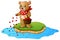 Greeting card teddy bear cartoon with a basket of red heart in an island