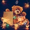 Greeting card with Teddy bear gifts and fairy lights garland