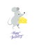 Greeting card template with cute funny rat or mouse with present cheese