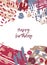 Greeting card template with Happy Birthday wish and abstract colorful paint blots, stains, scribble, brush strokes on