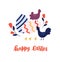 Greeting card template with Happy Easter holiday wish handwritten with cursive font, family of adorable hens and chicks