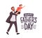 Greeting card template with smiling man carrying young boy or dad holding son. Cute cartoon characters and Happy Father