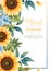 Greeting card template with sunflowers, blue daisies. Flyer, banner with autumn wildflowers. Design for wedding