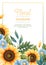 Greeting card template with sunflowers, blue daisies. Flyer, banner with autumn wildflowers. Design for wedding