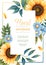 Greeting card template with sunflowers, blue daisies. Flyer, banner with autumn wildflowers. Design for wedding