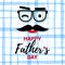 Greeting card with text Happy Fathers Day. Design with mustache, glasses on blue and white striped backgrounds. Vector