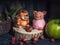 Greeting card. Toys, Hedgehog and pink pig, sitting on a stump. Near the basket with the collected nuts