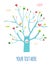 Greeting card with tree, flowers and birds illustration, graphic design
