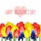 Greeting card with tulips, mouse hyacinth and text happy valentine\'s day