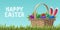 Greeting card with typography HAPPY EASTER. Volumetric realistic wicker basket with colored eggs and rabbit ears on