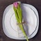 Greeting card for Valentine`s day. Decoration of the wedding table. On a white plate a napkin with a tulip, beautifully tied. Woo