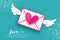 Greeting card for Valentine`s day. Mail Love and envelope in paper cut style. Origami Pink Heart. Angel wings. Email. Be