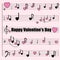 Greeting card for Valentine`s Day: a musical mill with stylized notes, violin and bass keys, hearts.