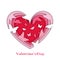 Greeting card for Valentine`s Day. Volumetric hearts, with butterflies, Origami, paper style.