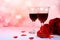 Greeting card for Valentine\\\'s Day or Women\\\'s Day, banner, hearts, roses and wine on a pink background. Congratulations