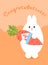 Greeting card with white hare. Rabbit stands and holds a carrot