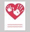 Greeting card. White imprint of baby palm hand and man palm in red heart shape. Handprints of son and father.  Vector illustration