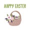 Greeting card with a wicker basket decorated with flowers full of Easter eggs