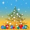 Greeting card for the winter holidays. Below a number of bright Christmas tree balls, tree silhouette with snowflakes and stars.