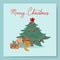 Greeting cards with cute cartoon labrador under the New Year tree. Funny vector postcard.