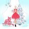 Greeting cards for winter holidays, merry christmas and happy new year,Elegantly dressed girl decorates a Christmas tree