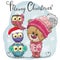 Greeting Christmas card Cute Teddy Bear and three Owls