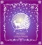 Greeting Christmas craft card with glowing globe with deer, snowy fir tree and crescent on purple background