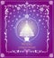 Greeting craft card with Xmas glowing hanging ball with decorative fir tree on lilac background